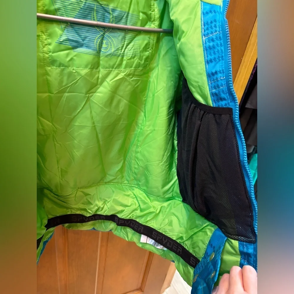 Spyder Girls Evar Ski Jacket Size 12 Riviera Checkered Plaid Print/Green Flash